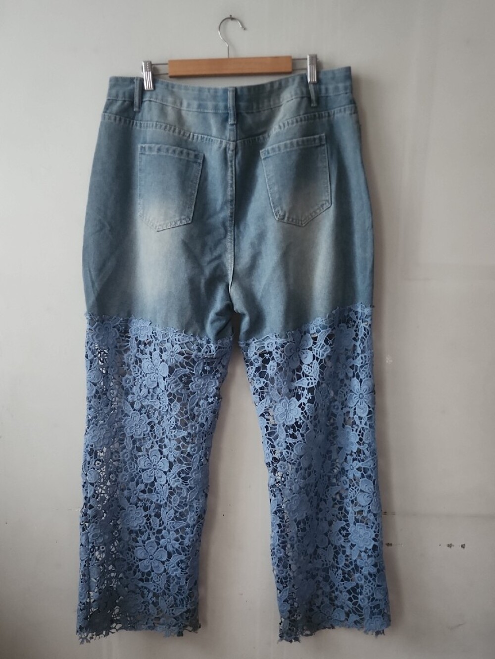 Women’s Blue Denim Wide-Leg Jeans with Lace Panels - Picture 9 of 13